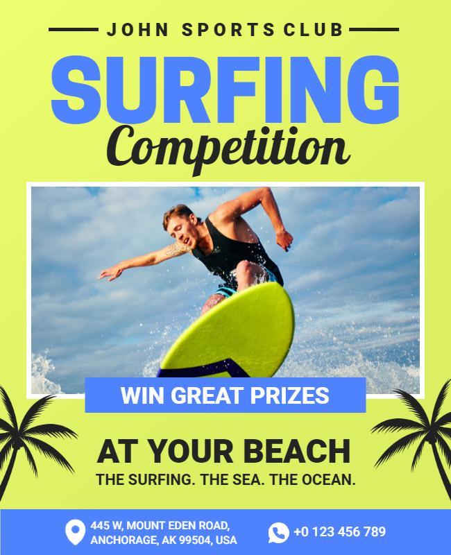 Vibrant Yellow Surfing Competition at Your Beach Flyer Template