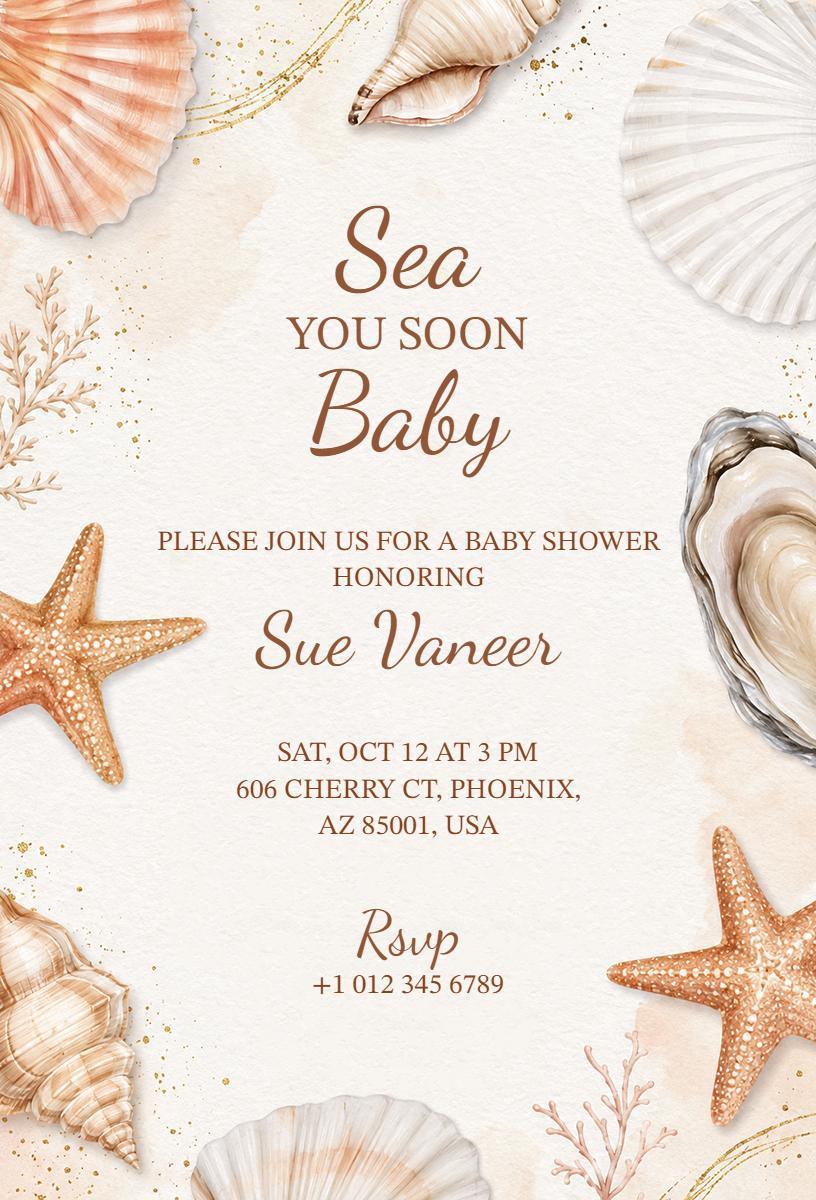 Beach Theme Sea You Soon Baby Shower Invitation Template