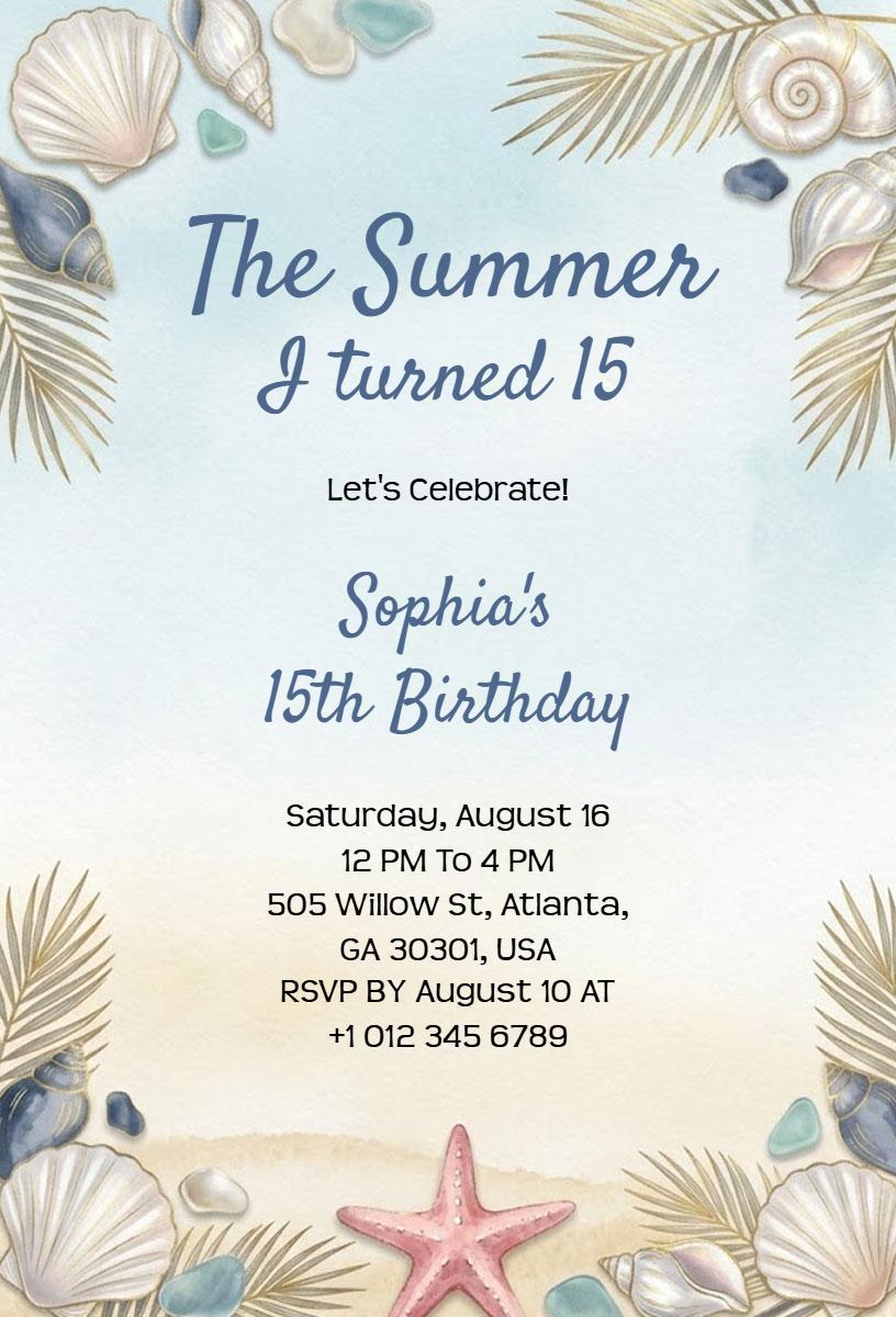 Beachy Summer Nautical Sea Shells Birthday Invitation Template