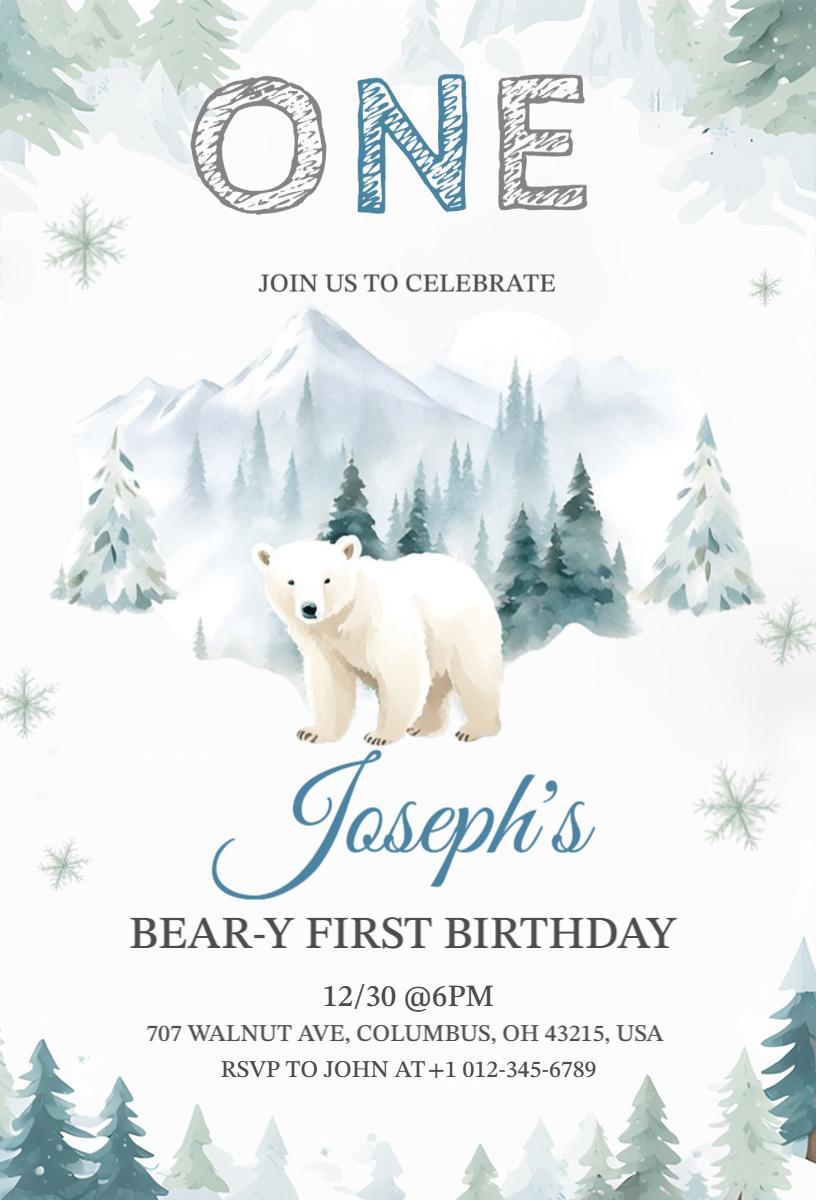 Bear-Y Winter Wonderland 1st Birthday Invitation Template