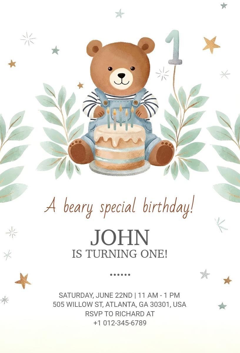 Beary Adorable 1st Birthday Celebration Invitation Template