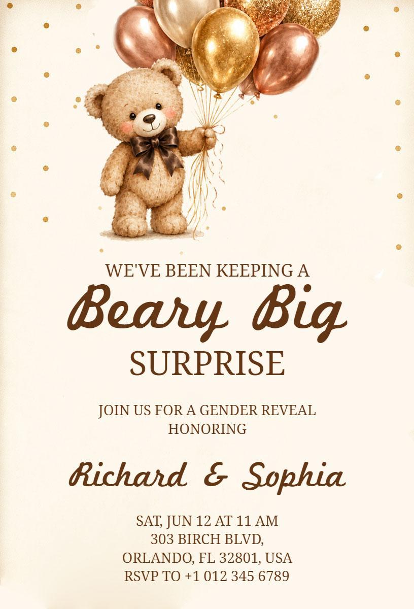 Beary Cute Teddy Bear Gender Reveal Celebration Invitation Template