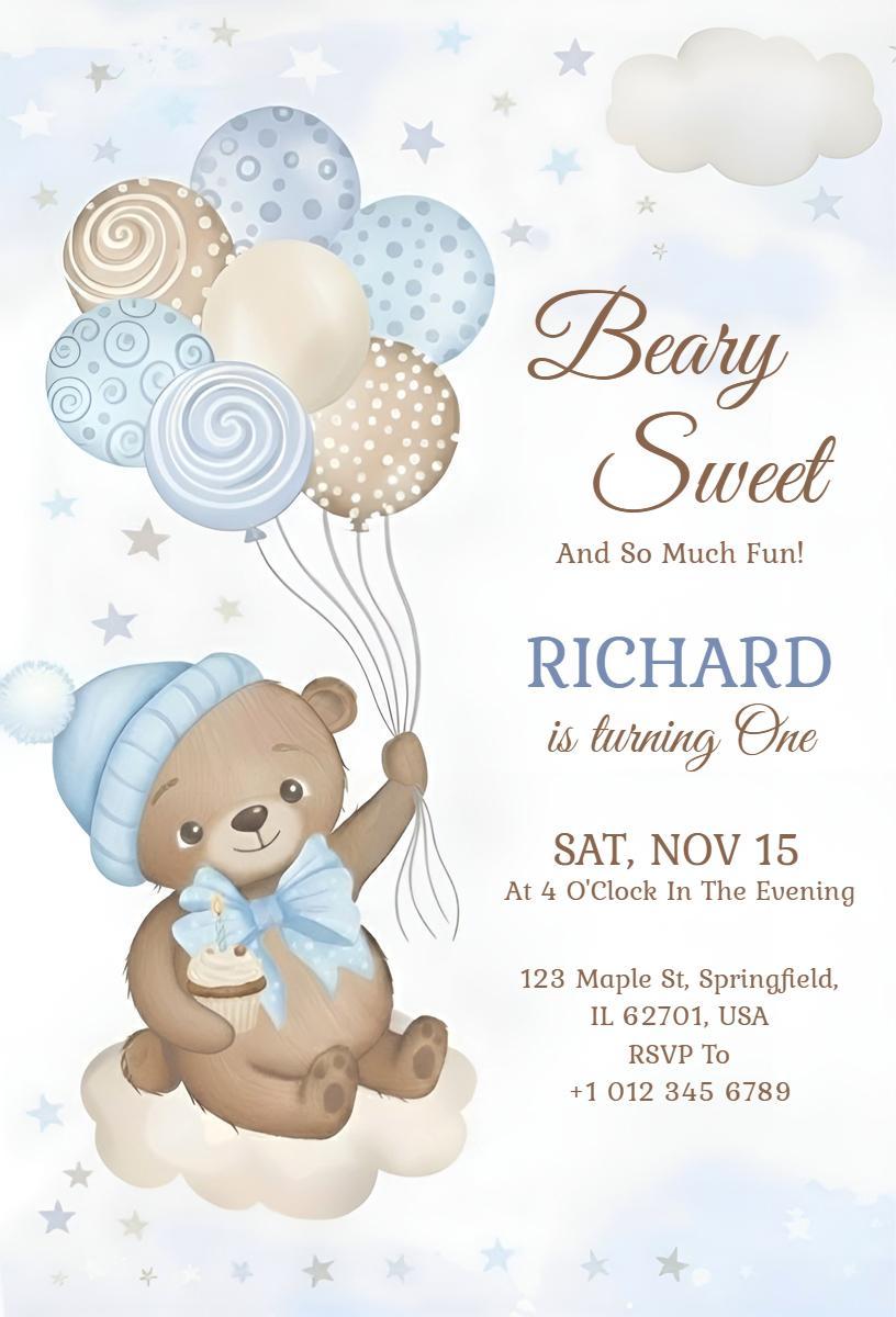 Beary Sweet Teddy Bear 1st Birthday Celebration Invitation Template