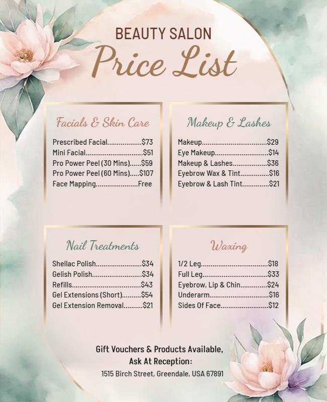 Beauty Salon Service Price List Flyer Template