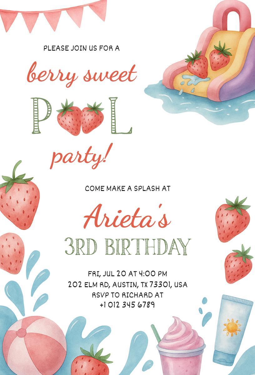 Berry Sweet Pool Party Splash Birthday Invitation Template