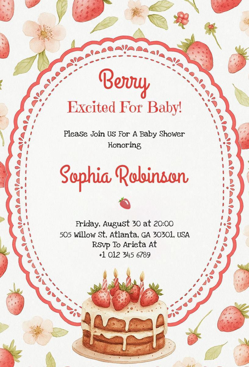 Berry Sweet Strawberry Baby Shower Celebration Invitation Template