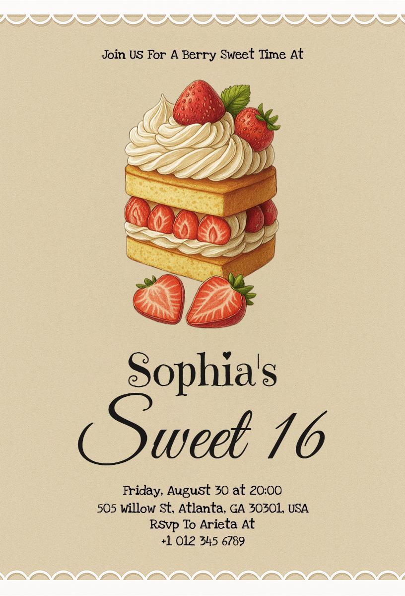 Berry Sweet Strawberry Cake Sweet 16 Birthday Invitation Template