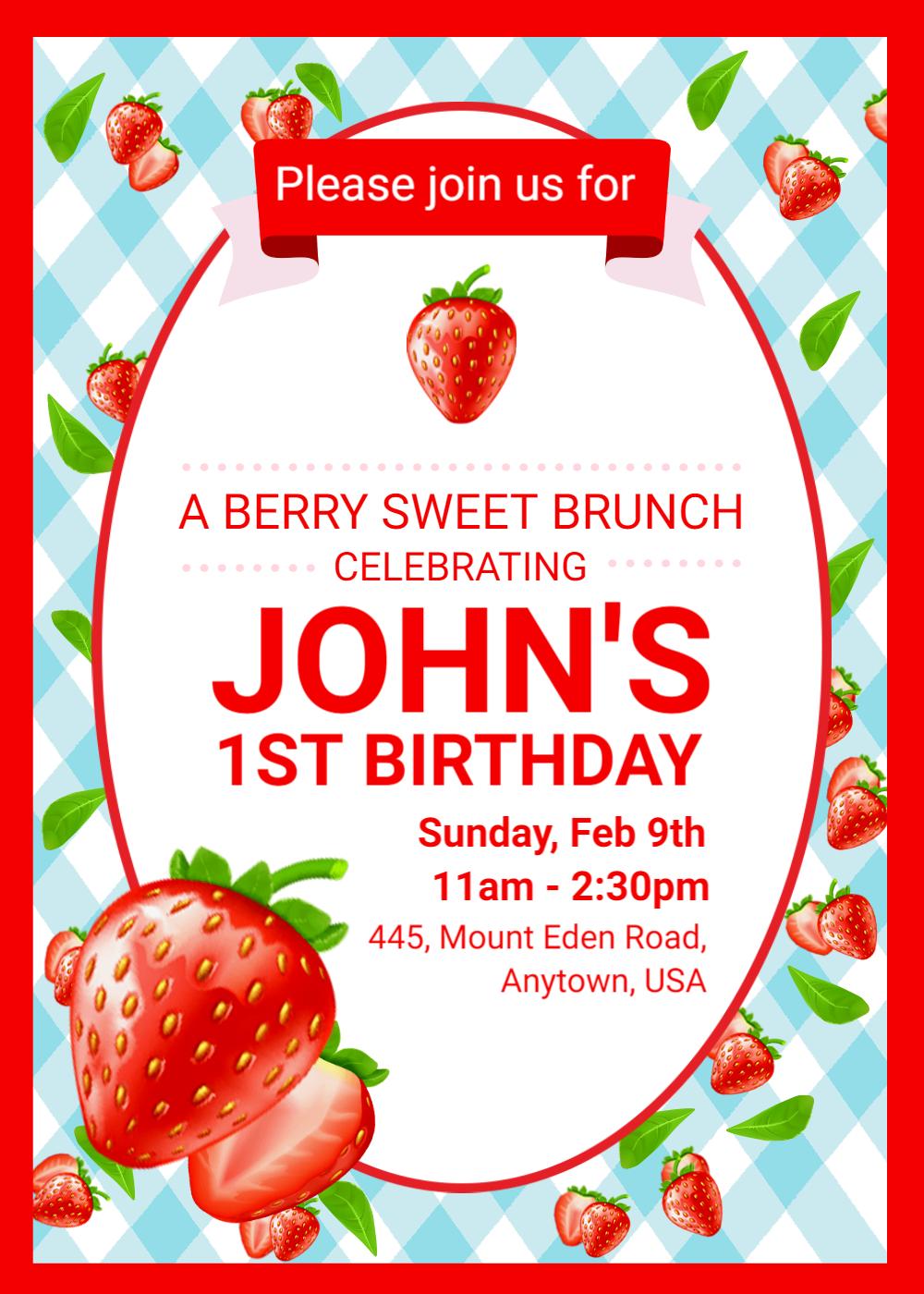 Berry Sweet Strawberry First Birthday Celebration Invitation Template
