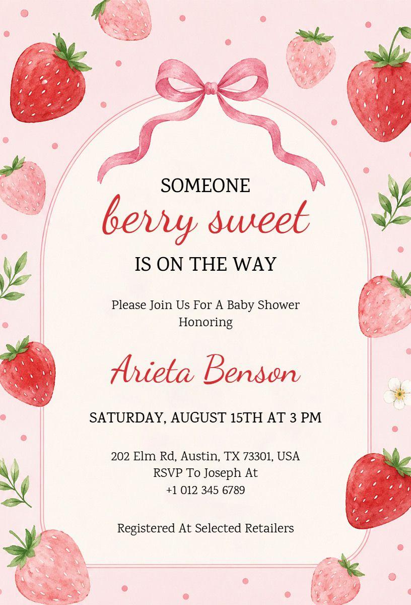 Berry Sweet Strawberry Themed Baby Shower Invitation Template
