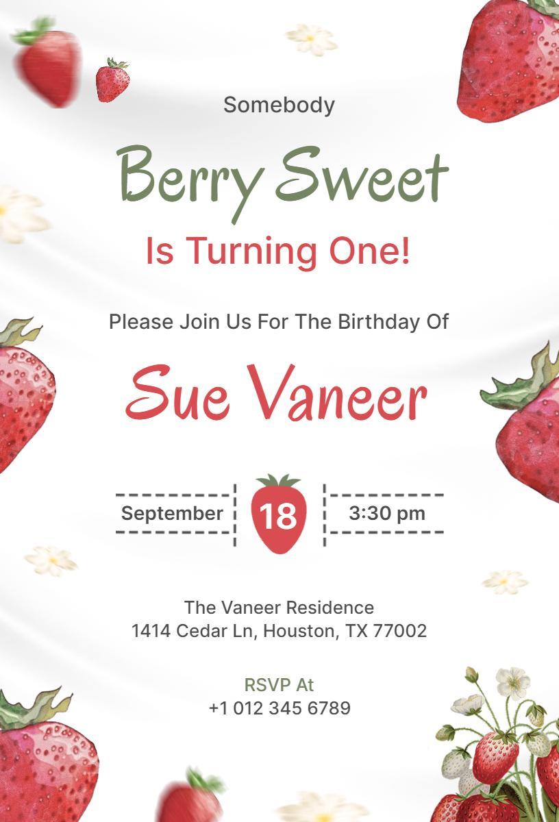 Berry Sweet Strawberry Themed Birthday Celebration Invitation Template