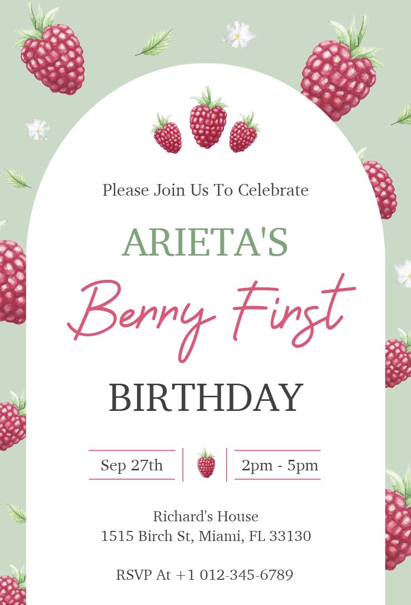 Berry Themed First Birthday Celebration Invitation Template