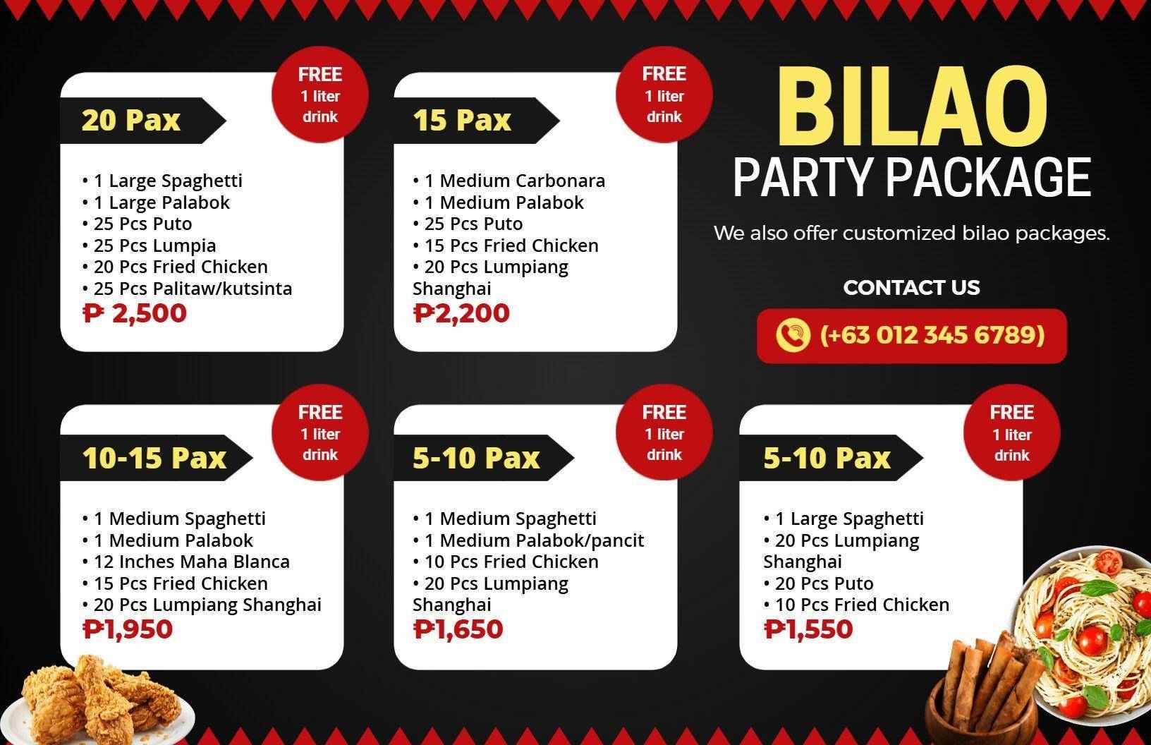 Bilao Party Packages with Spaghetti and Chicken Food Menu Template