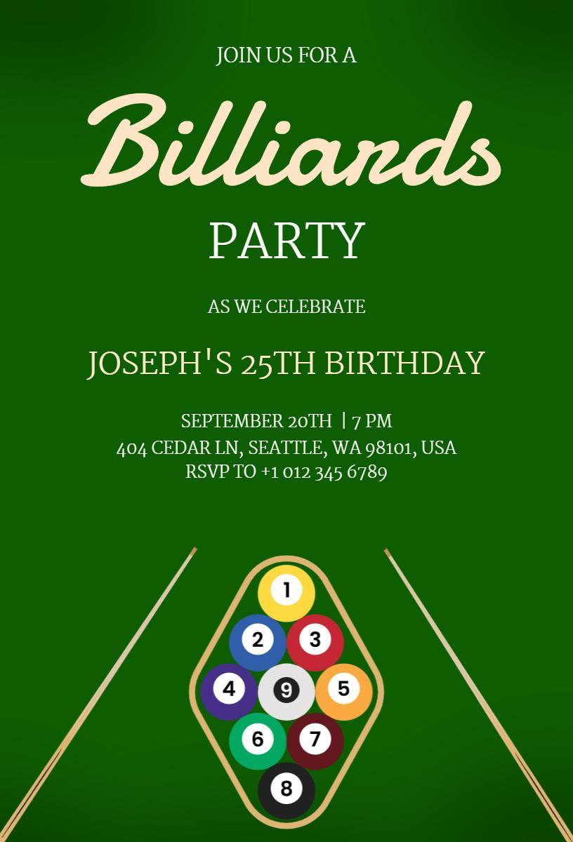 Billiards Game Fun 25th Birthday Celebration Invitation Template