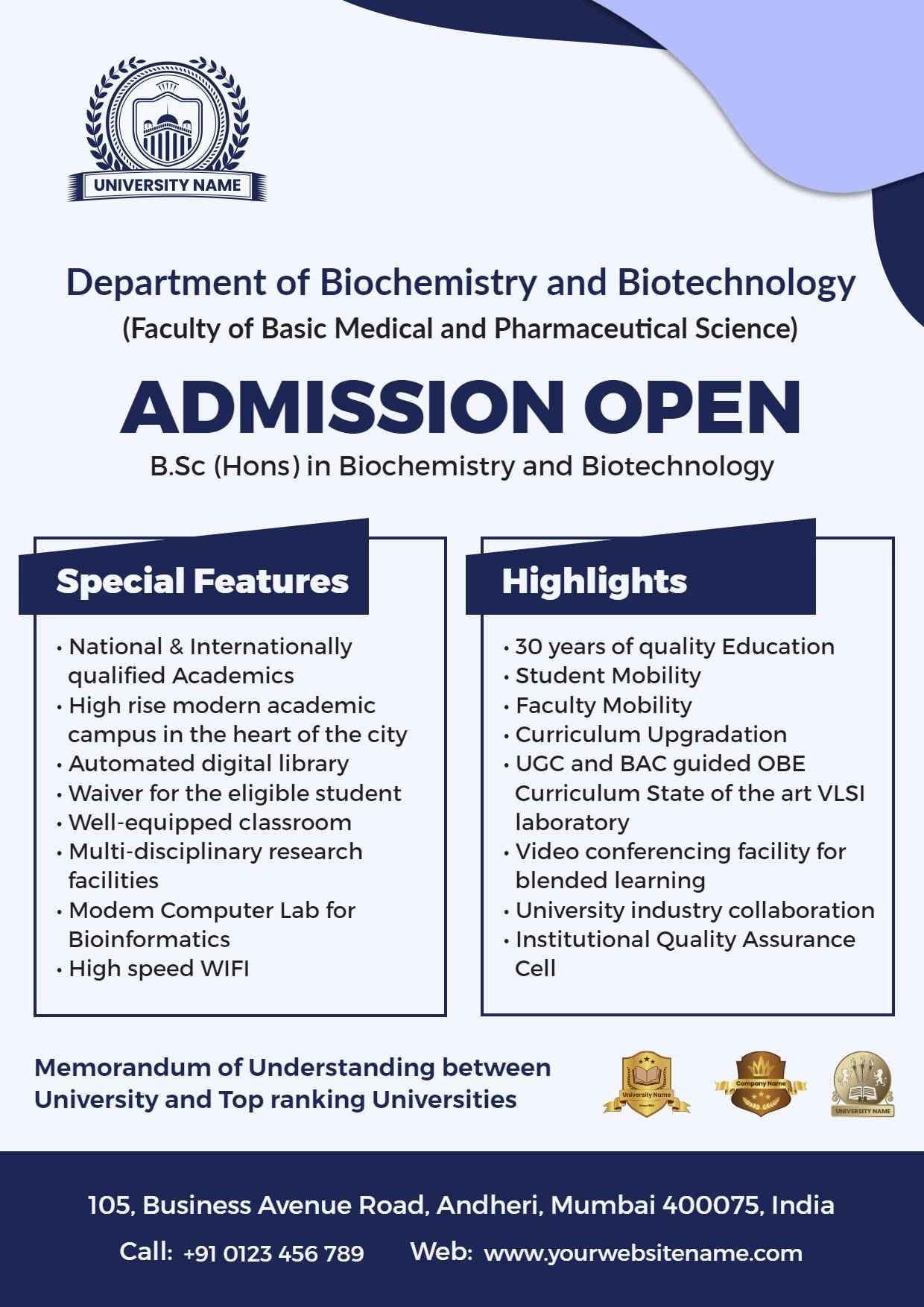 Biochemistry and Biotechnology Admission A4 Flyer Template