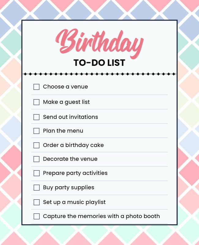 Birthday Party Planning Checklist Flyer Template