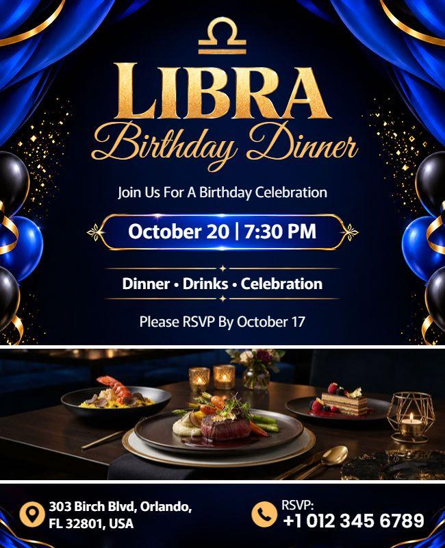 Black and Blue Libra Birthday Dinner Flyer Template
