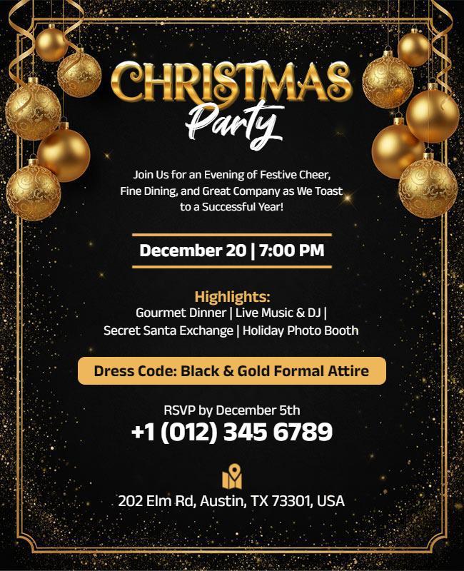 Black and Gold Festive Christmas Party Invitation Flyer Template