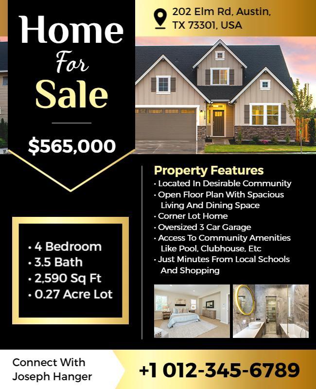 Black and Gold House for Sale Real Estate Flyer Template