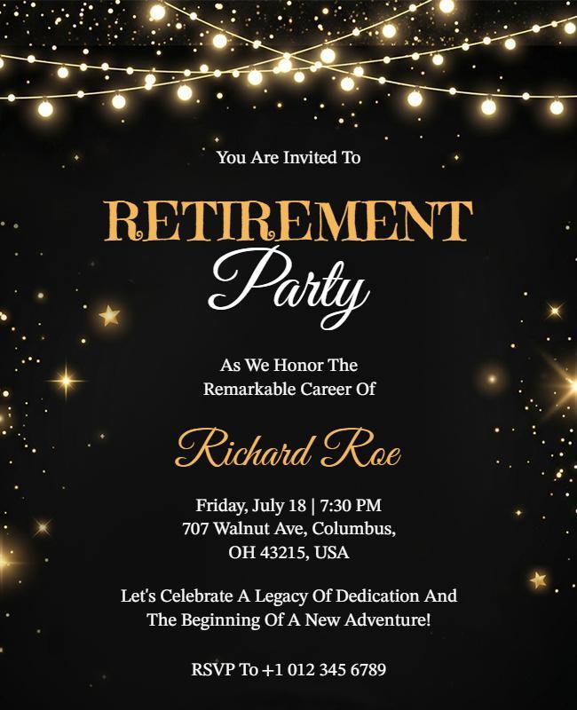 Black and Gold Sparkle Retirement Party Invitation Flyer Template