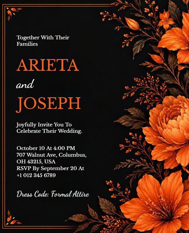 Black and Orange Floral Wedding Invitation Flyer Template