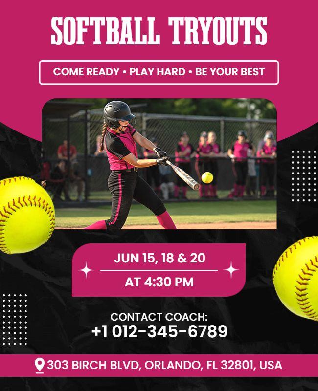 Black and Pink Themed Youth Softball Tryouts Event Flyer Template