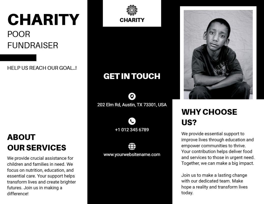 Black and White Charity Fundraiser Support and Awareness Brochure Template