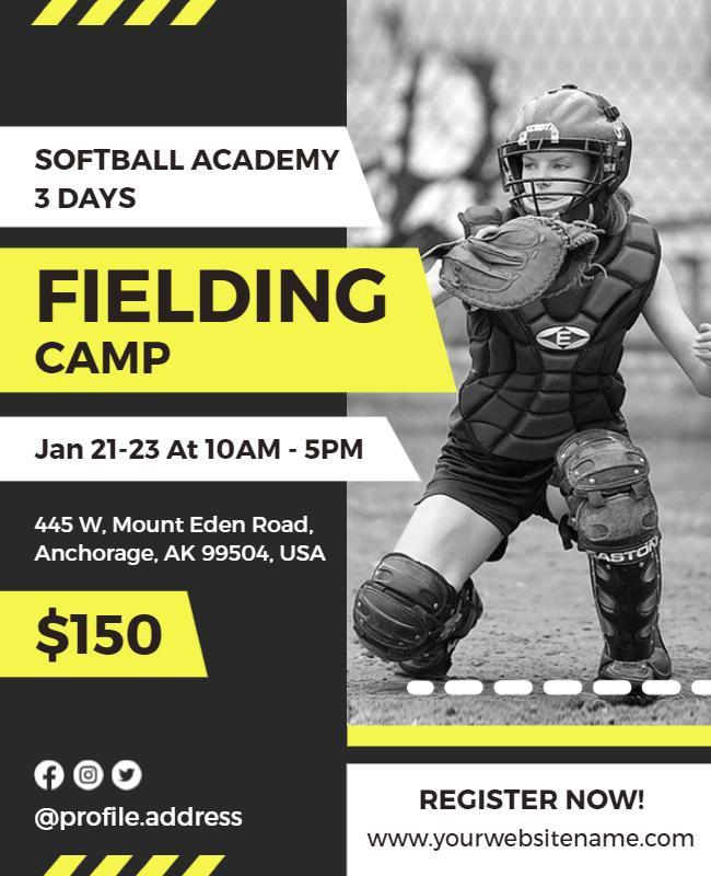 Black and White Fielding Camp Softball Flyer Template