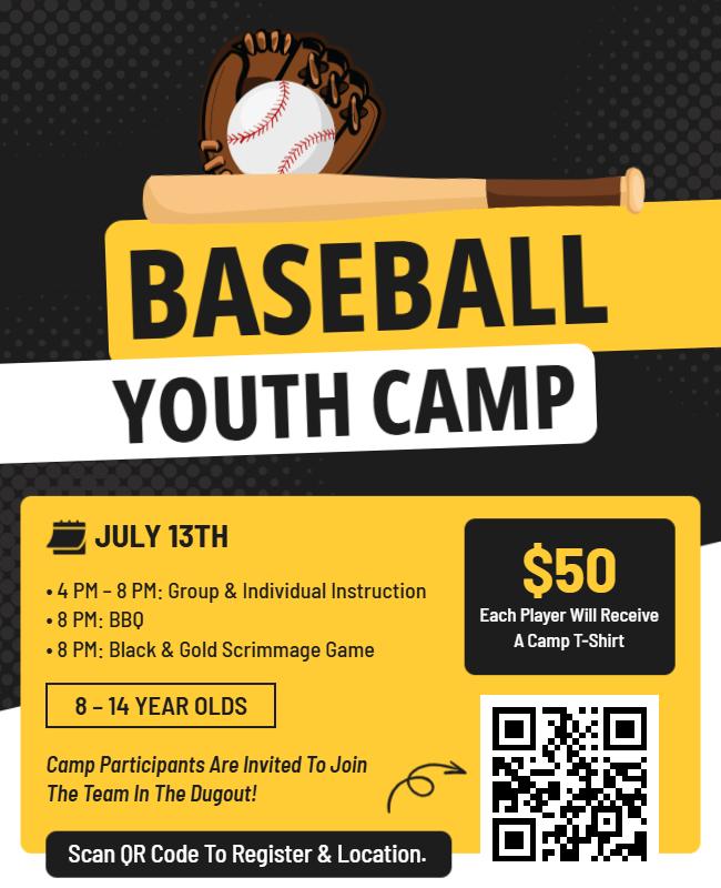 Black and Yellow Theme Baseball Youth Camp Event Flyer Template