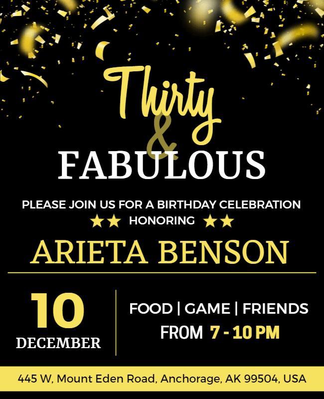 Black Golden Thirty Fabulous Birthday Flyer Template