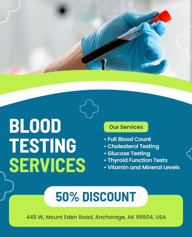 Vibrant Green Health-Focused Blood Testing Services Flyer Template