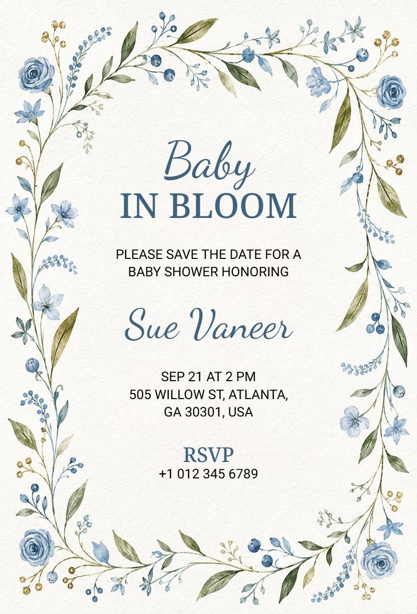 Blooming Blue Floral Baby Shower Celebration Invitation Template
