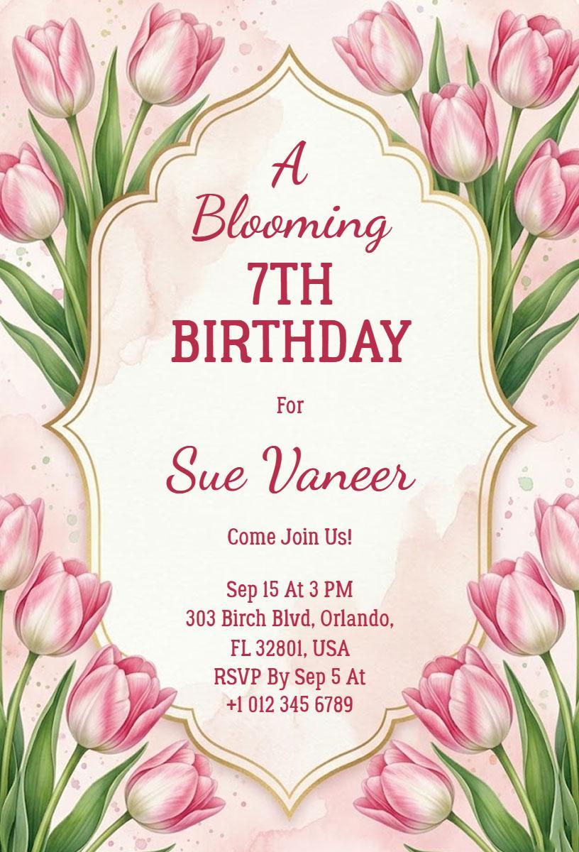 Blooming Tulip Floral 7th Birthday Celebration Invitation Template