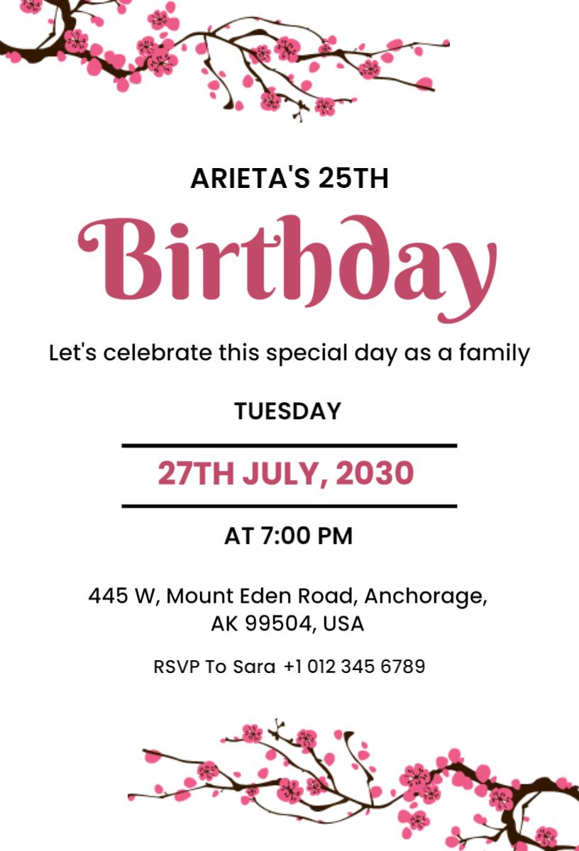 Blossoming Floral 25th Birthday Celebration Invitation Template
