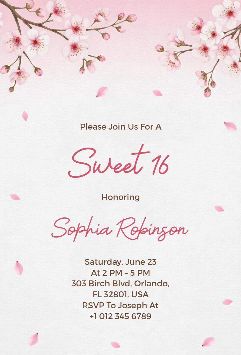 Blossoming Pink Floral Sweet 16 Birthday Invitation Template
