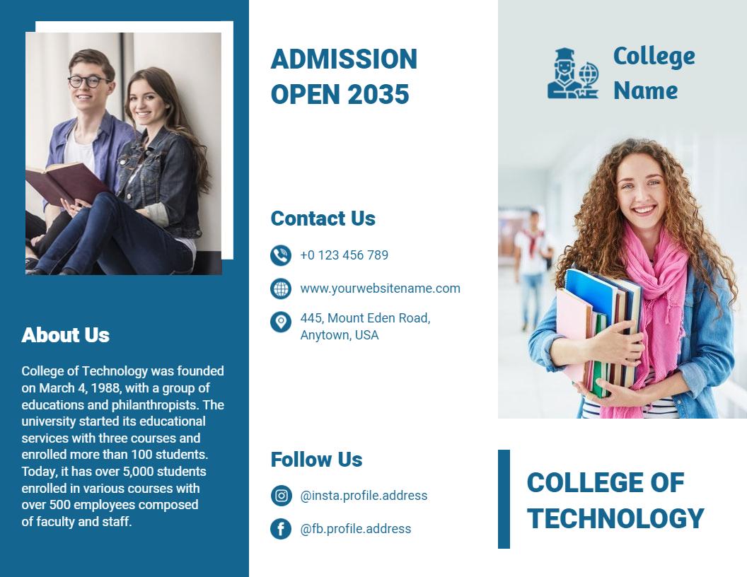 Blue Academic College Admission Information Tri Fold Brochure Template