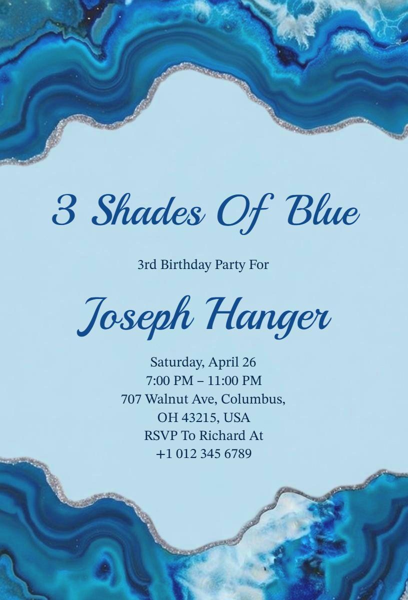 Blue Agate Themed 3rd Birthday Celebration Invitation Template