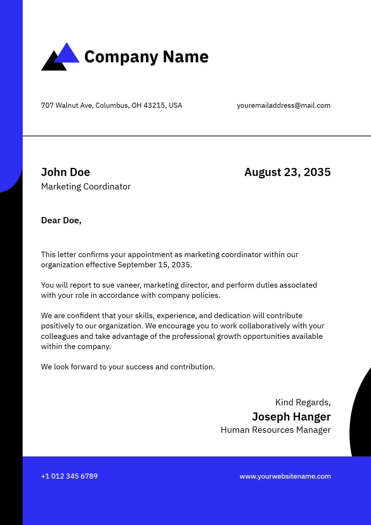 Blue and Black Modern Employment Confirmation Letterhead Template