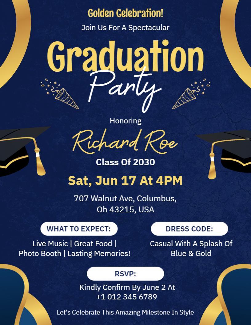 Blue and Gold Graduation Party Flyer Template