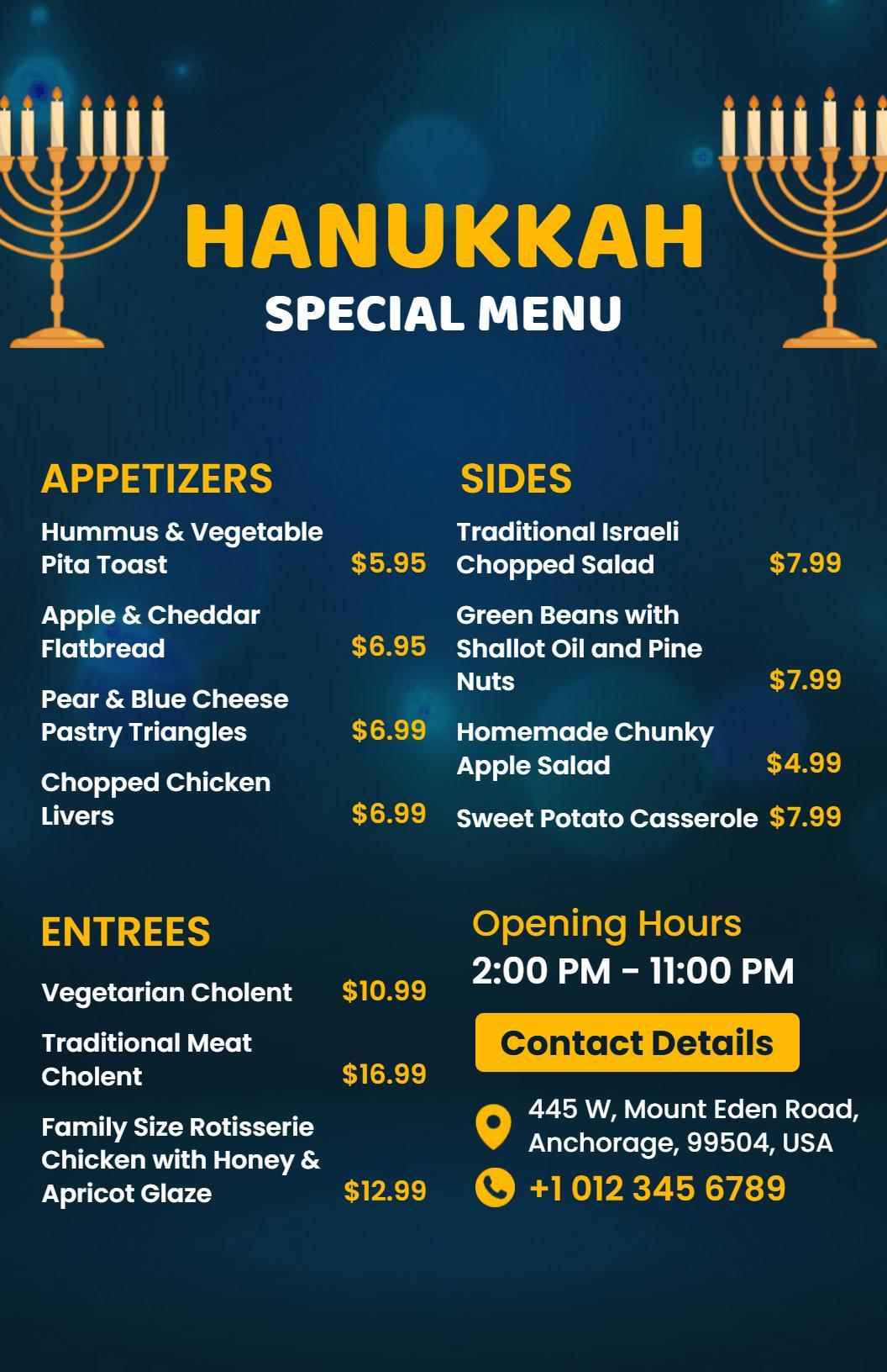 Blue and Gold Hanukkah Special Festive Menu Template