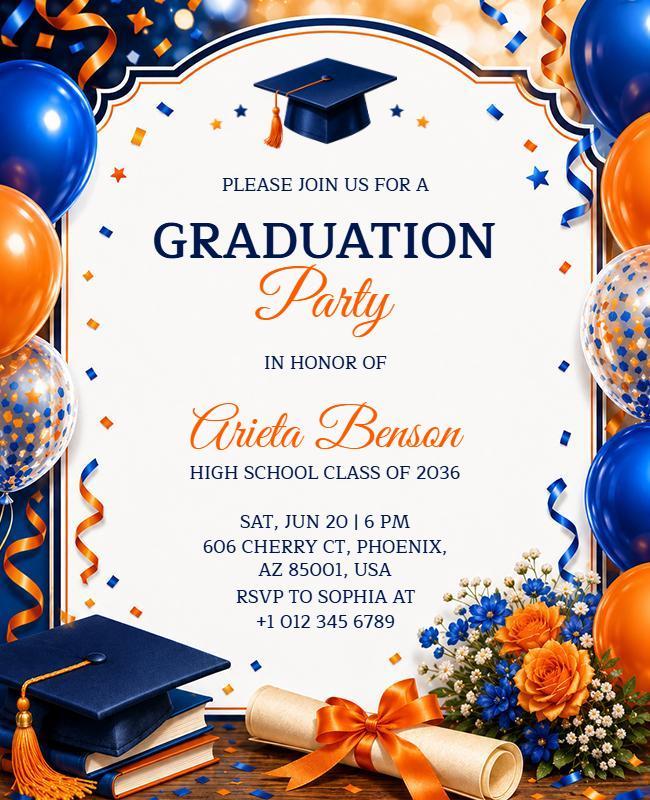Blue and Orange Themed High School Graduation Invitation Flyer Template