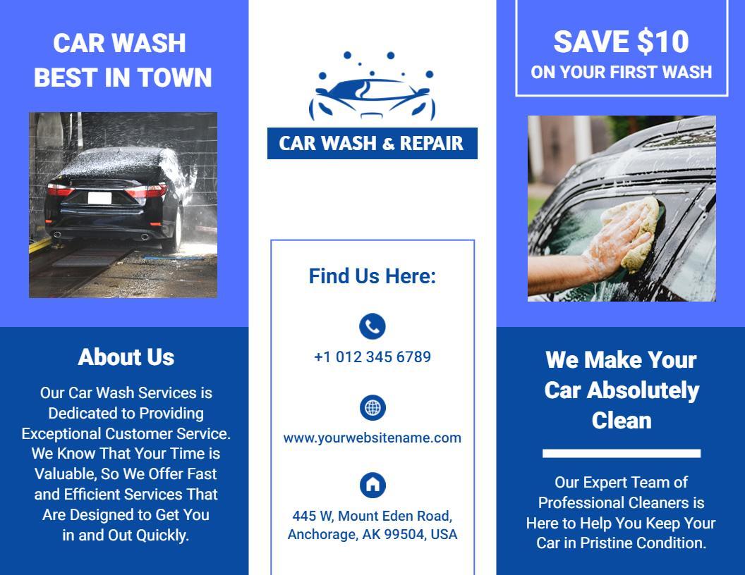 Blue and White Car Wash Services and Repair Brochure Template