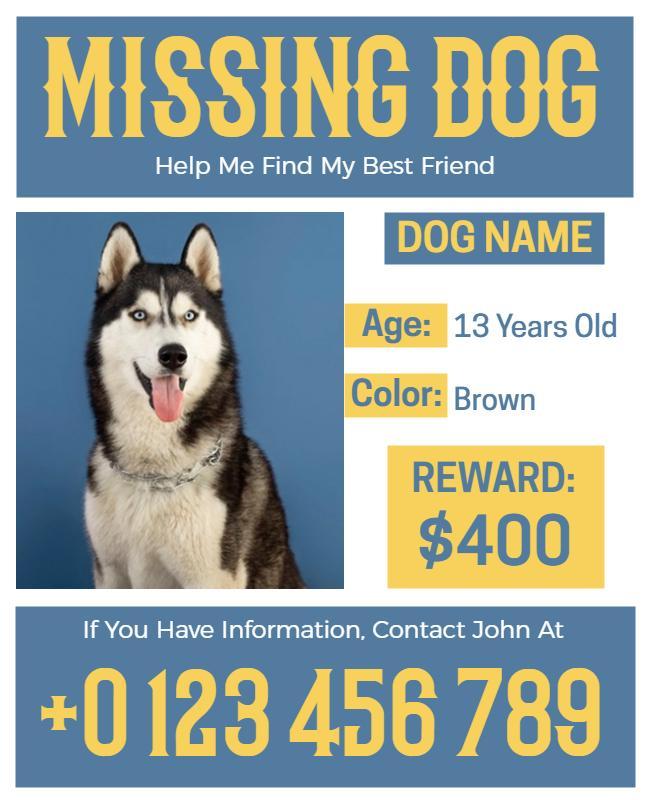 Blue and White Dog Missing Pet Poster Template