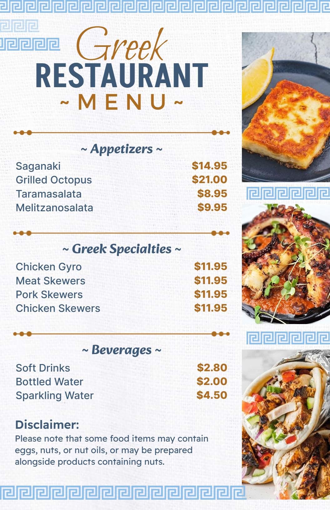 Blue and White Greek Style for Seafood Restaurant Menu Template