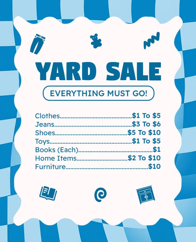 Blue and White Wave Style Yard Sale Price List Poster Template