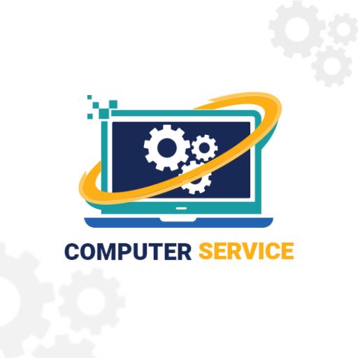 Blue and Yellow Laptop with Gears for Computer Service Logo Template