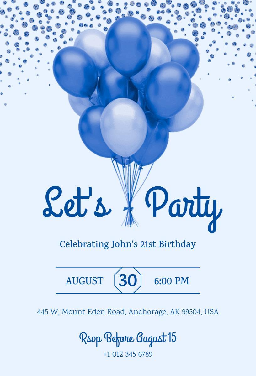 Blue Balloon Themed 21st Birthday Celebration Invitation Template