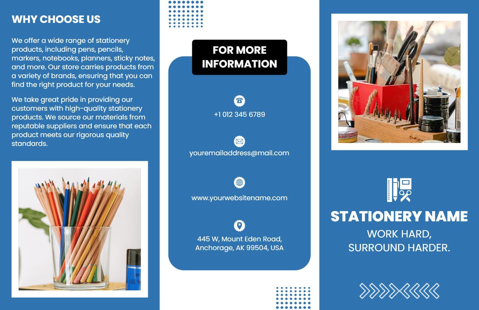 Blue Creative Stationery Products and Supplies Brochure Template