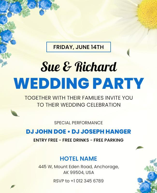 Blue Floral Themed Wedding Celebration Flyer Template