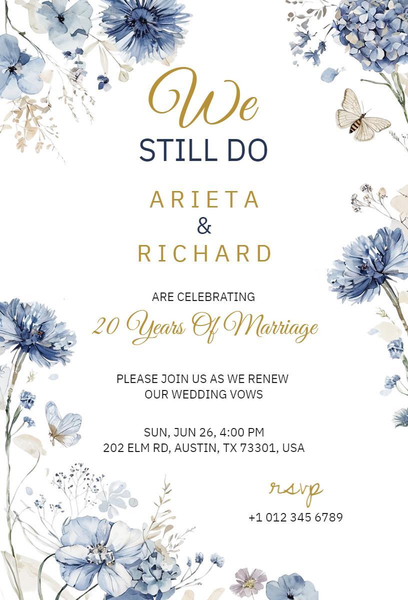 Blue Floral Vow Renewal Celebration Wedding Invitation Template