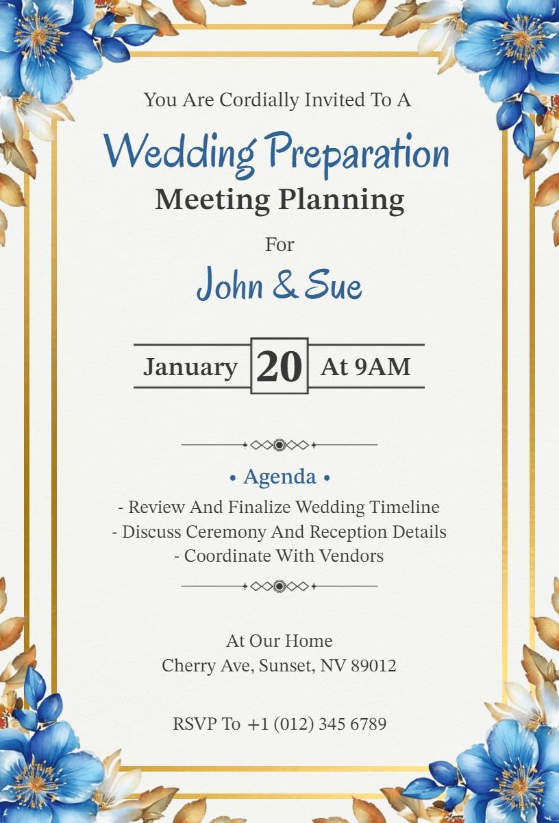 Blue Floral Wedding Preparation Planning Meeting Invitation Template